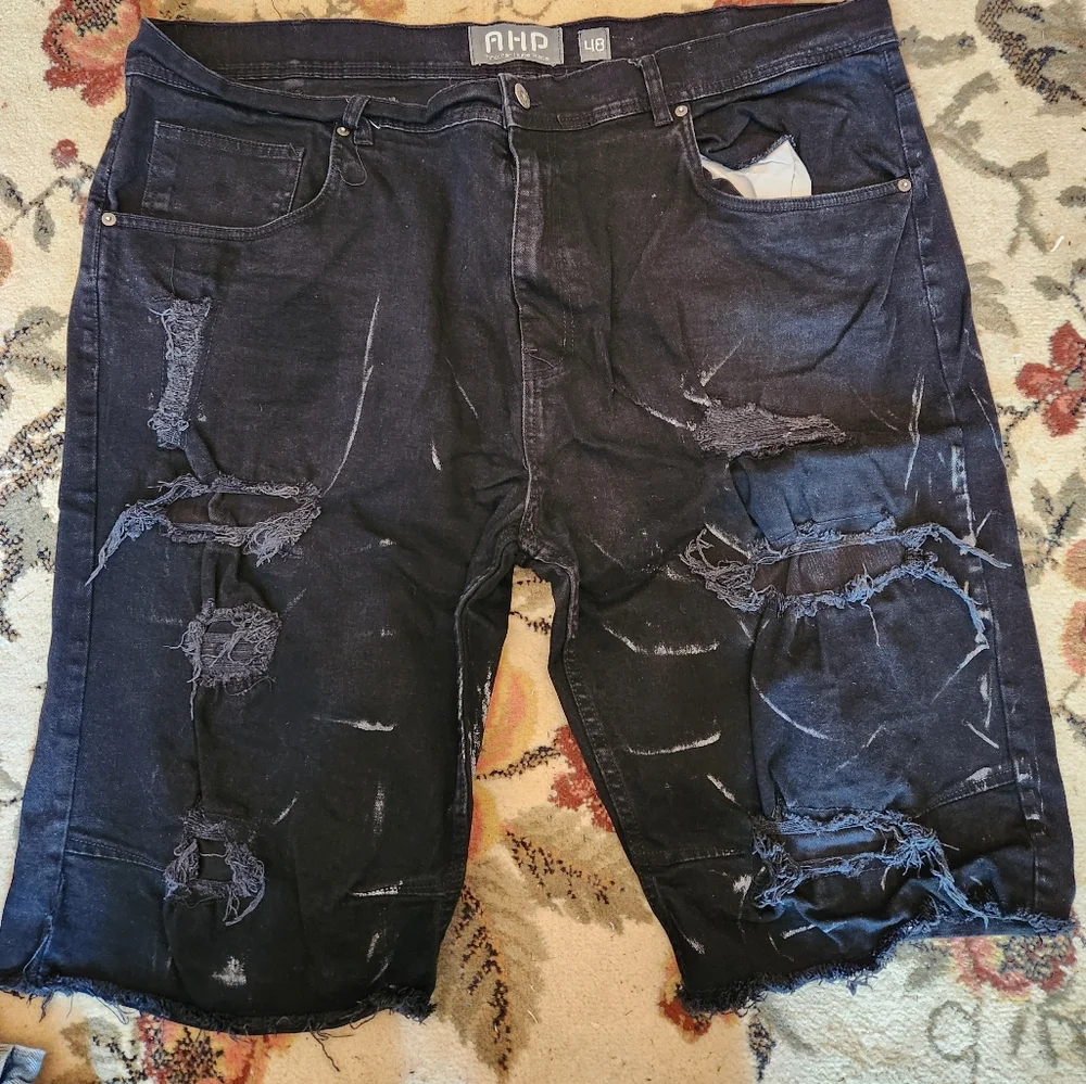 Mens Distressed Black Jeans Shorts - Picture 1 of 8